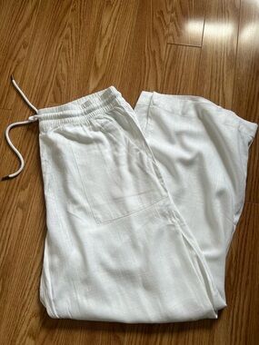 White Drawstring Linen/Viscose mix  Wide Leg Pants size XL